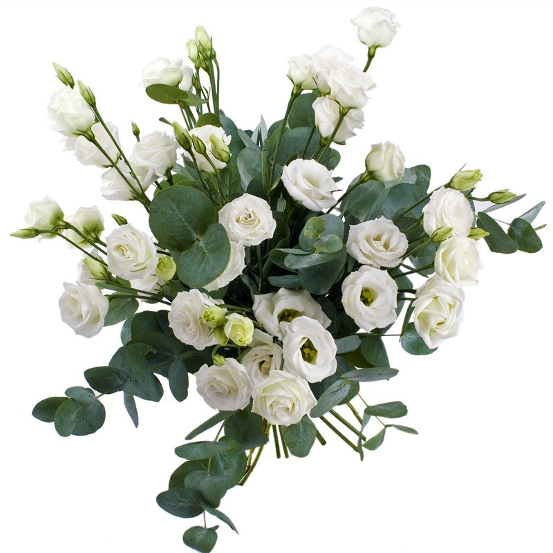bouquet de fleurs eucalyptus et lisianthus blancs simple et puissant