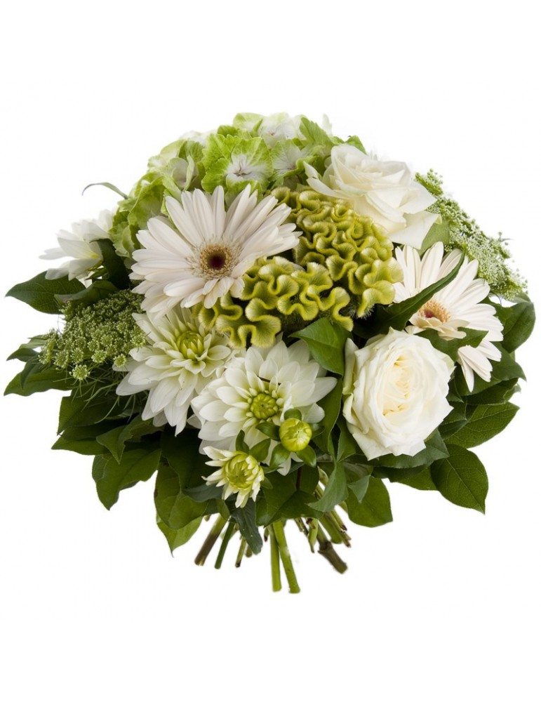 bouquet rond couleur crème blanc vert acide grande variété de fleurs