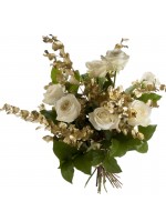 Bouquet de fleurs roses blanches et eucalyptus doré