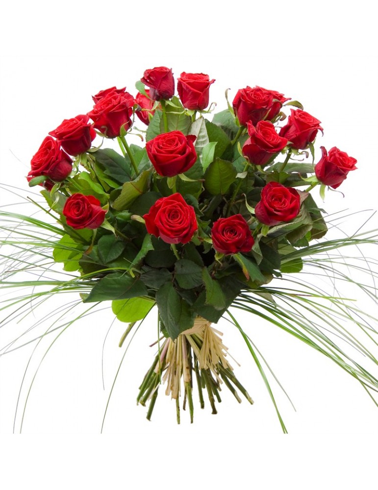 Bouquet de roses rouges à longues tiges et feuillage herbes fines